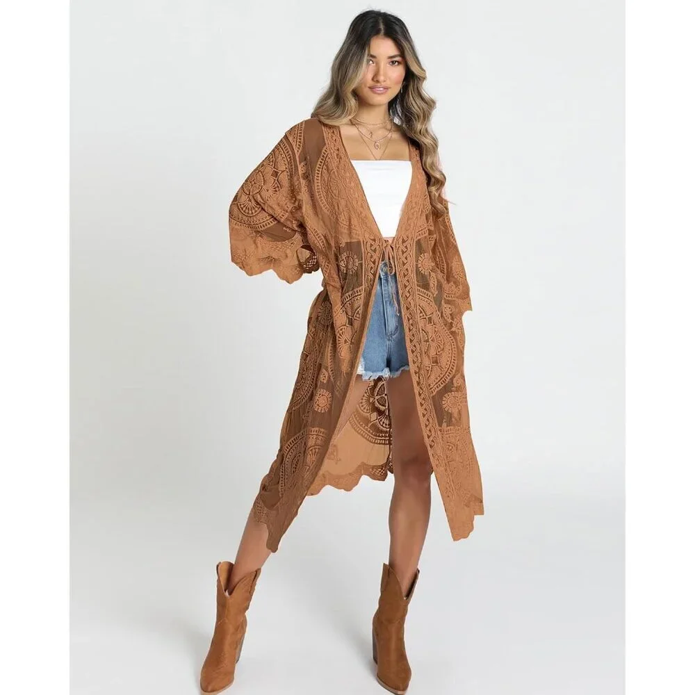 🆕Women Brown Mesh Open Front Cardigan Swimsuit Cover Up Beach Bathing Suit - Picture 3 of 6